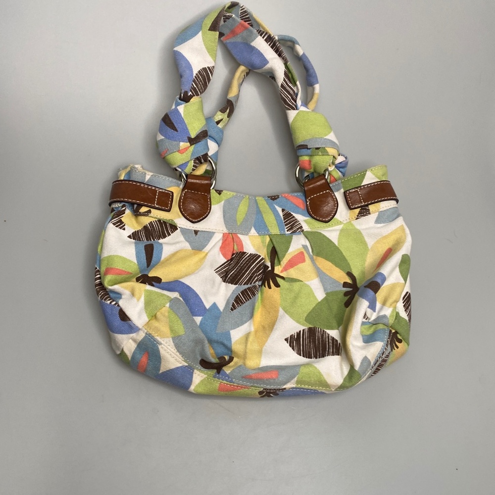 Croft & Borrow Blue Green Floral Fabric Shoulder Bag With Faux Leather Trim - Picture 2 of 6